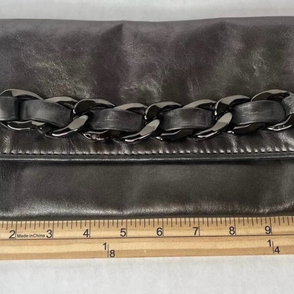 Michael Kors Leather Clutch, Grey Metallic, Gunmetal Chain Hardware - Picture 11 of 16
